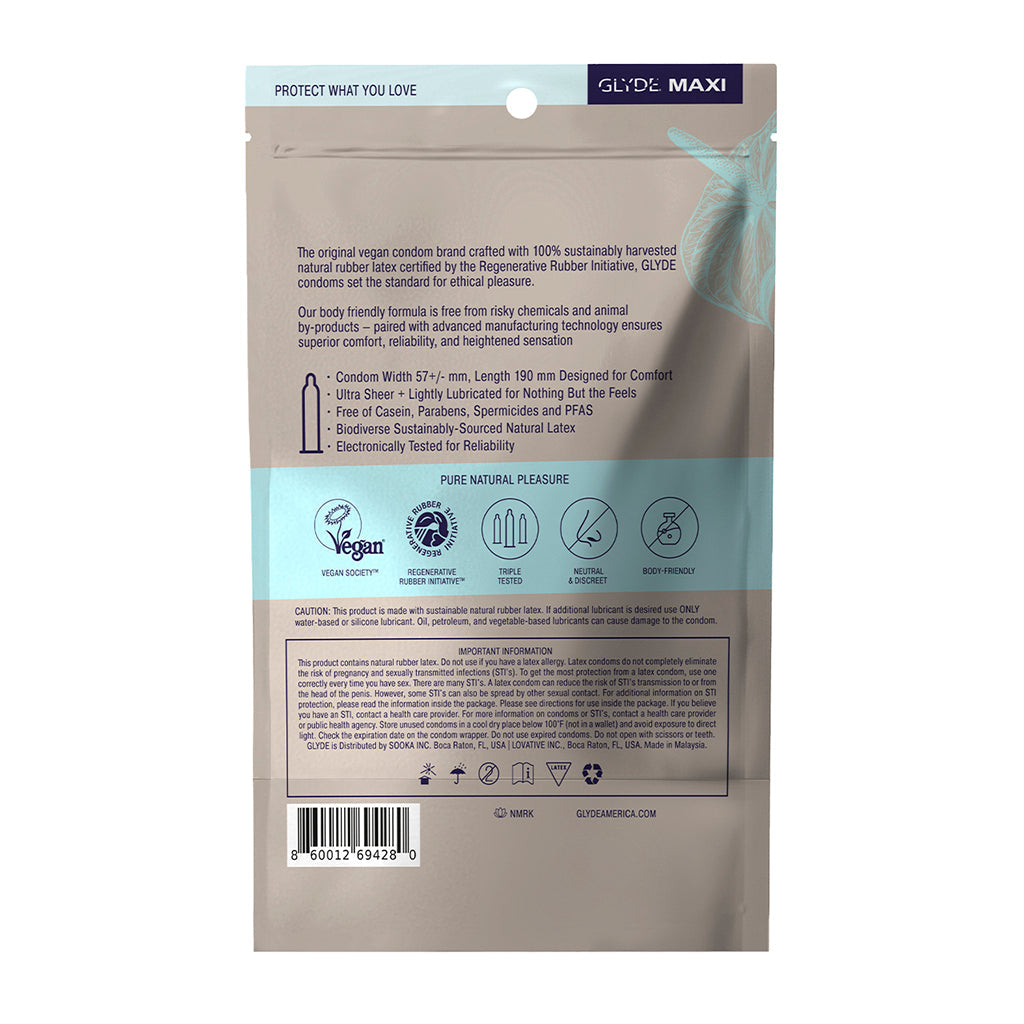 Glyde Maxi Large Latex Condoms 36-Pack packaging showing features and ingredients for enhanced comfort and pleasure.