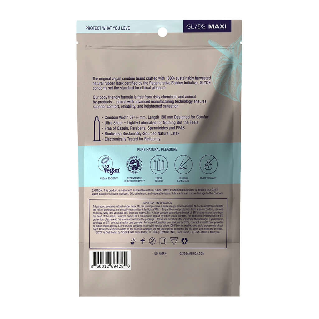 Glyde Maxi Large Latex Condoms 36-Pack packaging showing features and ingredients for enhanced comfort and pleasure.