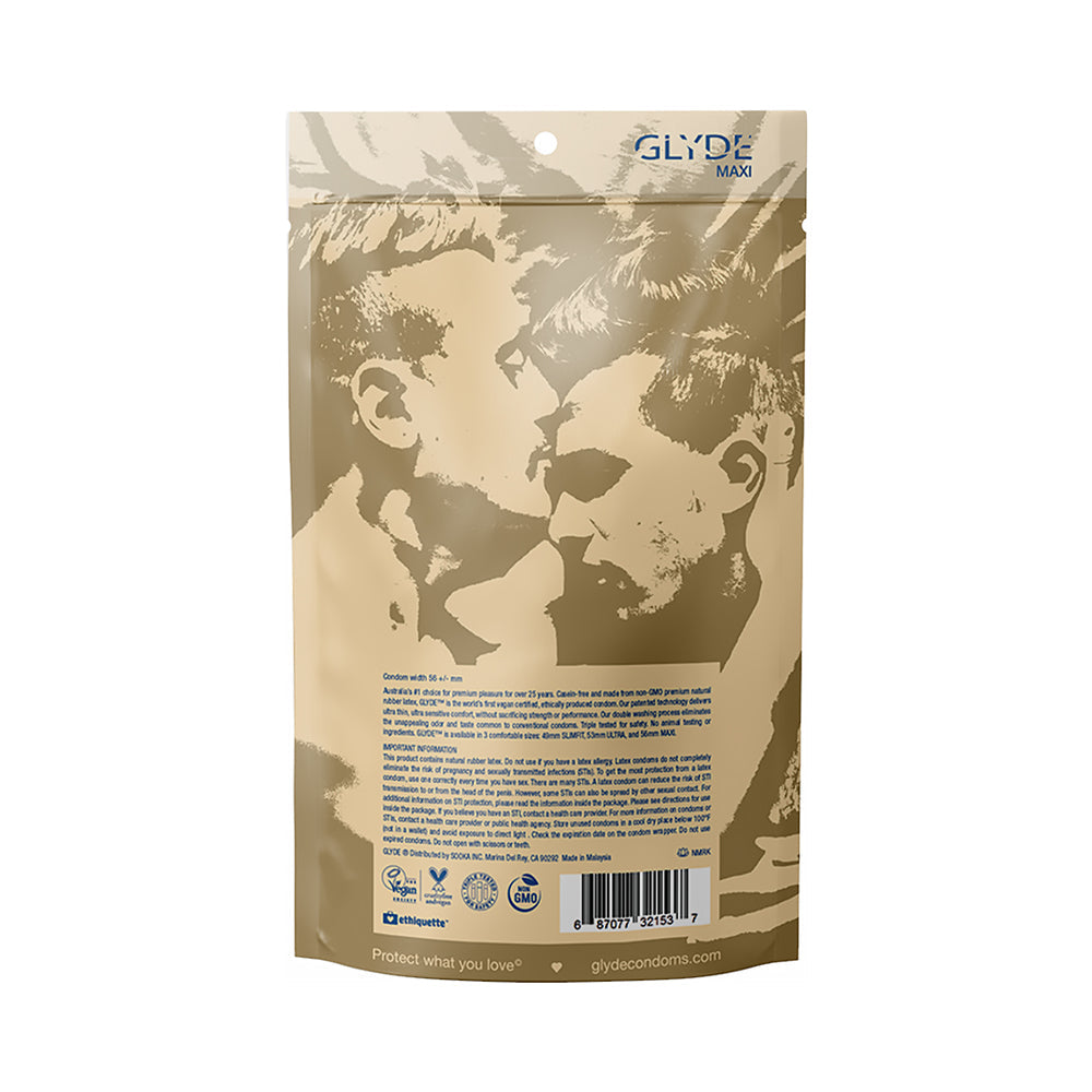 Glyde Maxi Large Latex Condoms 36-Pack packaging featuring two men, designed for comfort and sensation.