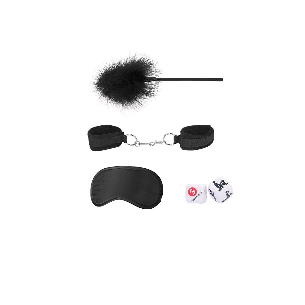 Ouch Introductory Bondage Kit No 2 Black featuring restraints, blindfold, feather tickler, and dice for sensory play.