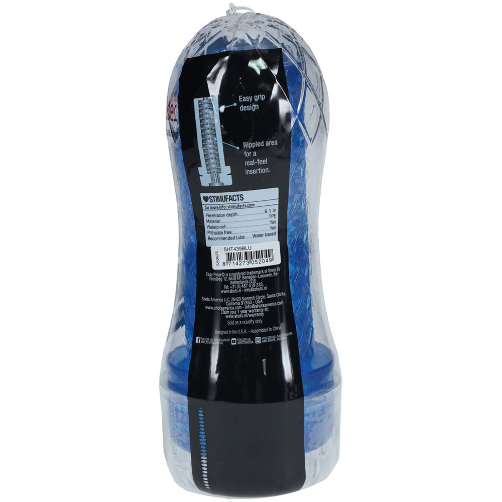 Easy Rider Clear Rounded Case Blue Masturbator showing easy grip design and soft internal sleeve for stimulation.