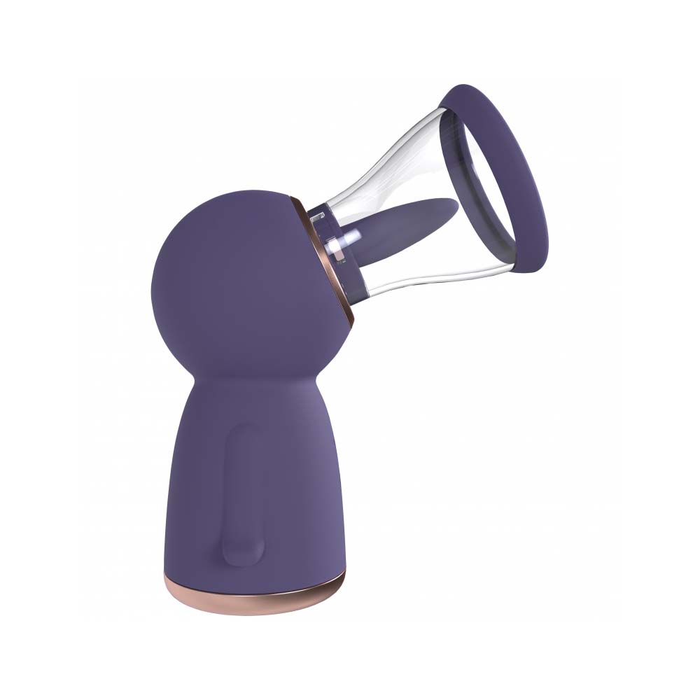 Pumped Exquisite Automatic Vulva & Breast Pump Purple displayed at an angle, showcasing its ergonomic design and suction mechanism.