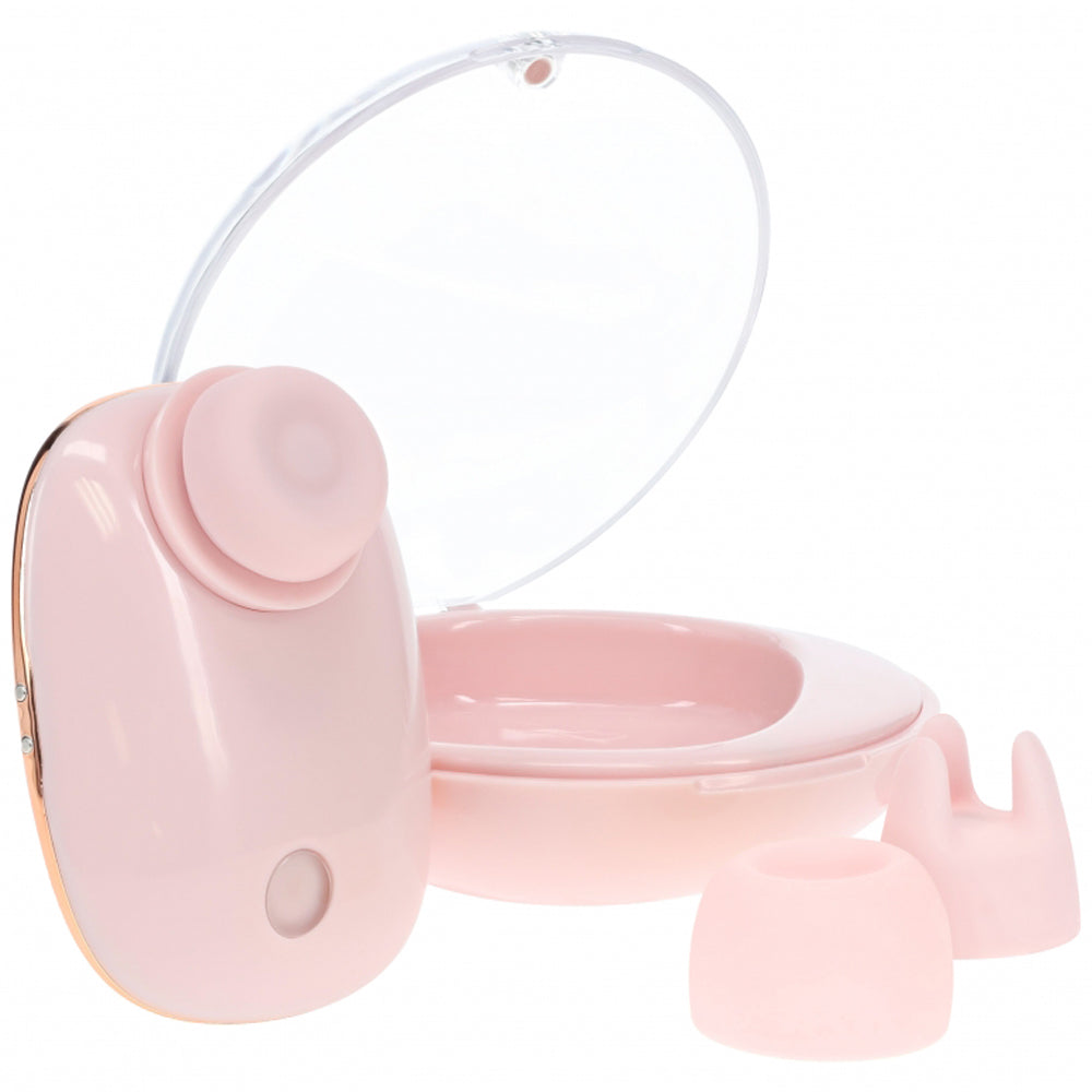 Loveline Dreamsicle Airtaptech Vibrator Pink with various attachments and lid open for versatile pleasure.
