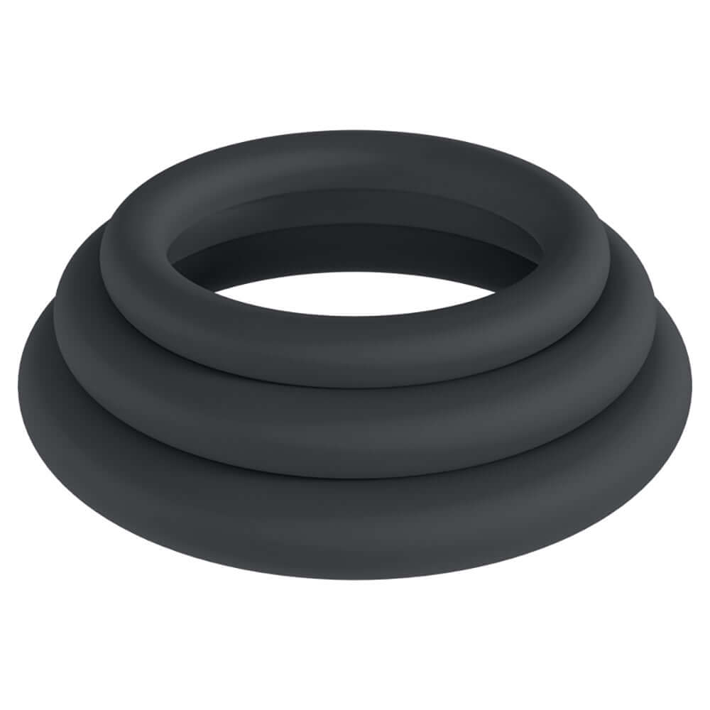 Levelz Classic Silicone Cock Ring Set Black, featuring three varying sizes in a sleek black design.