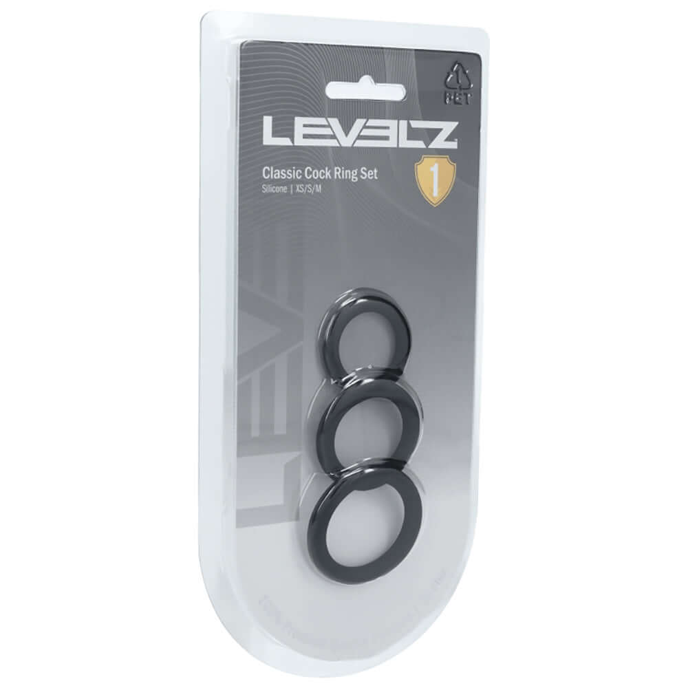 Levelz Classic Silicone Cock Ring Set Black packaging featuring three silicone cock rings in varying sizes.
