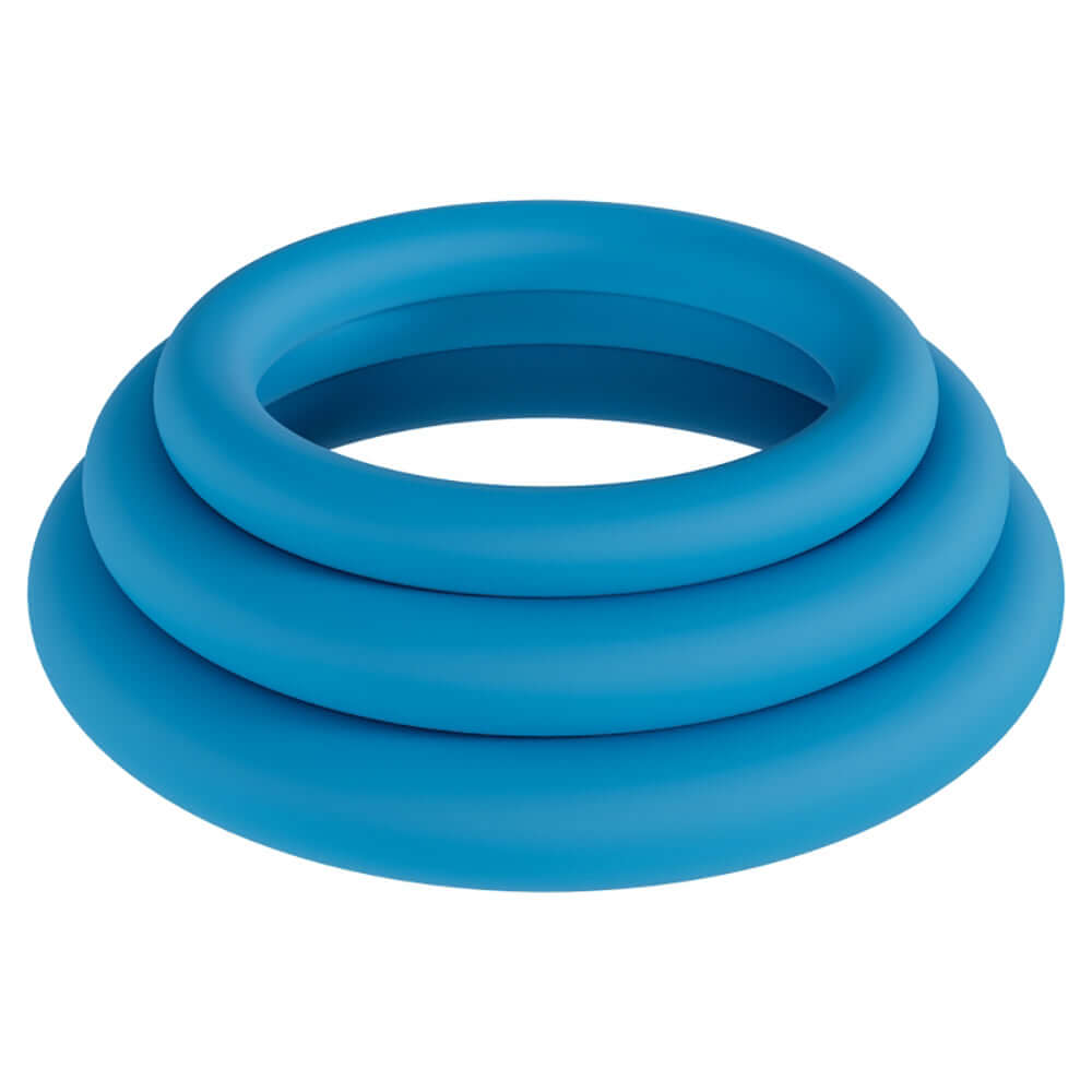 Levelz Classic Silicone Cock Ring Set Teal featuring three body-safe silicone rings in various sizes.