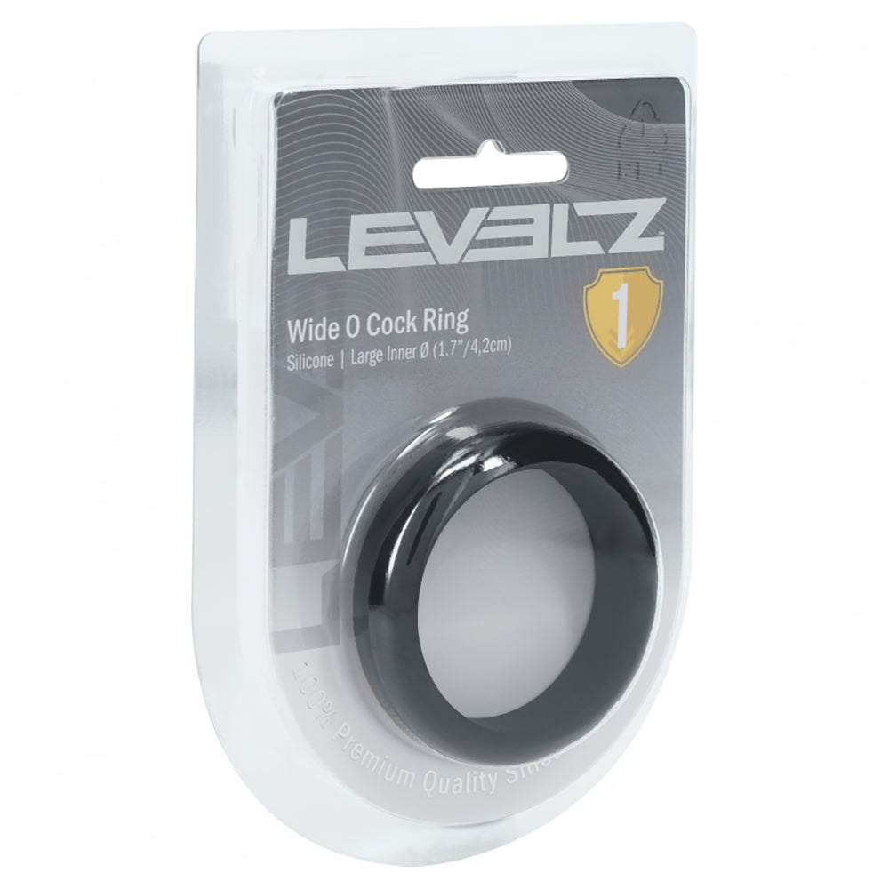 Levelz Wide O Silicone Cock Ring Large 42mm Black packaging showcasing a premium silicone cock ring design.