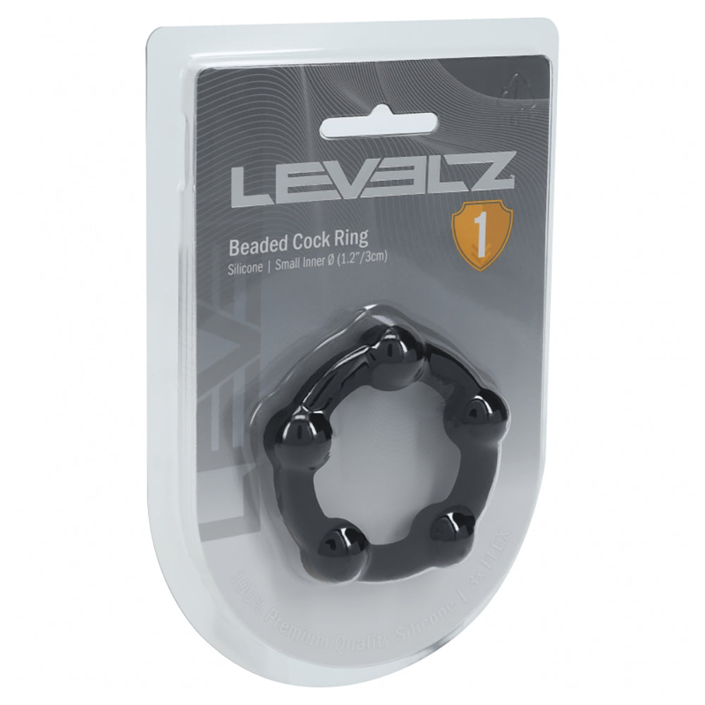 Levelz Beaded Silicone Cock Ring S 30mm Black in packaging, showcasing silicone design and beaded texture.
