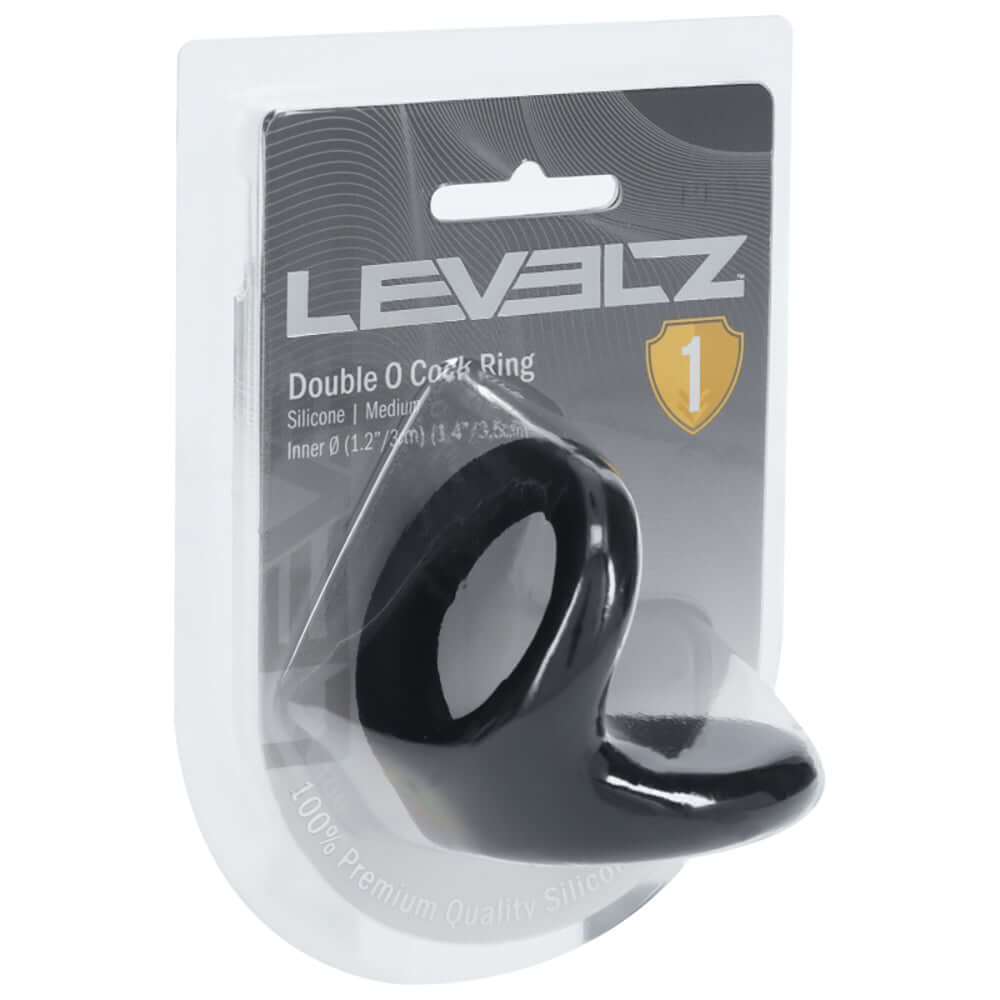 Levelz Double O Silicone Cock Ring M Black packaging displaying dual-loop design for enhanced performance.