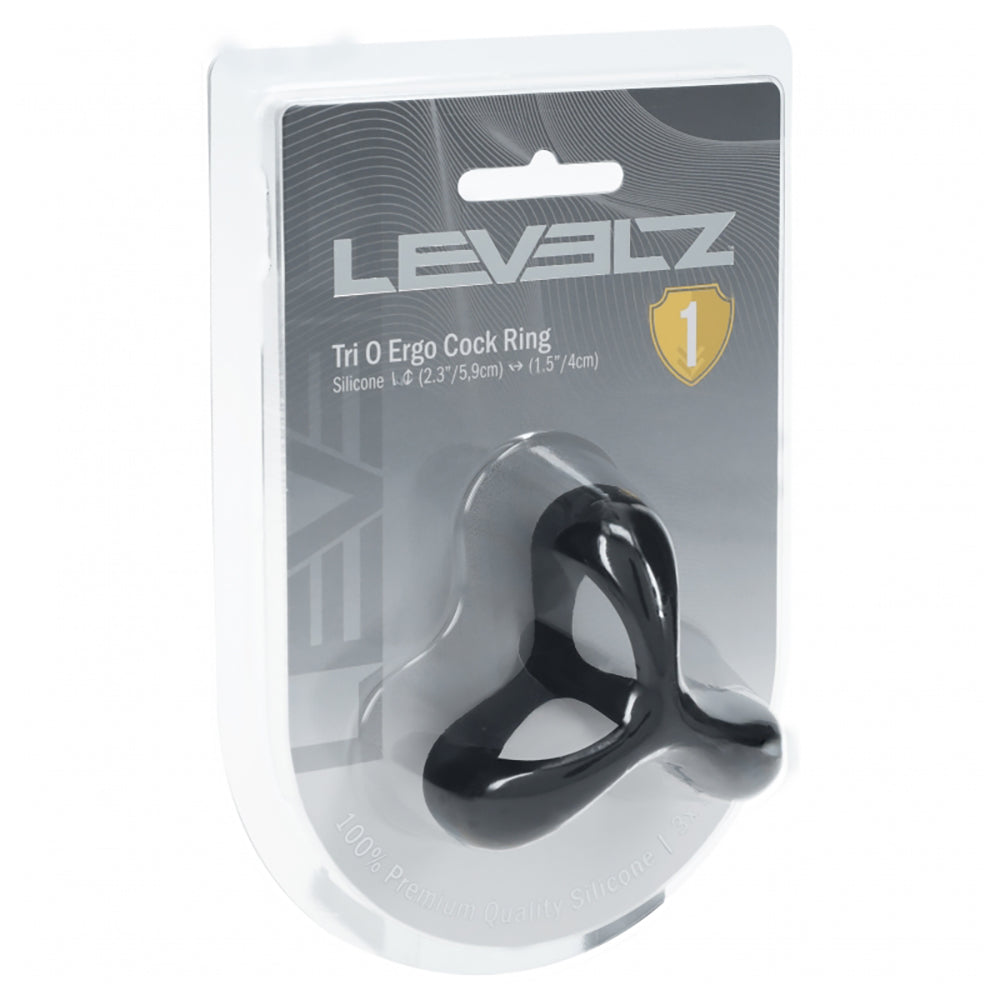 Levelz Tri O Ergo Silicone Cock Ring Black packaging showcasing ergonomic design and structured support.