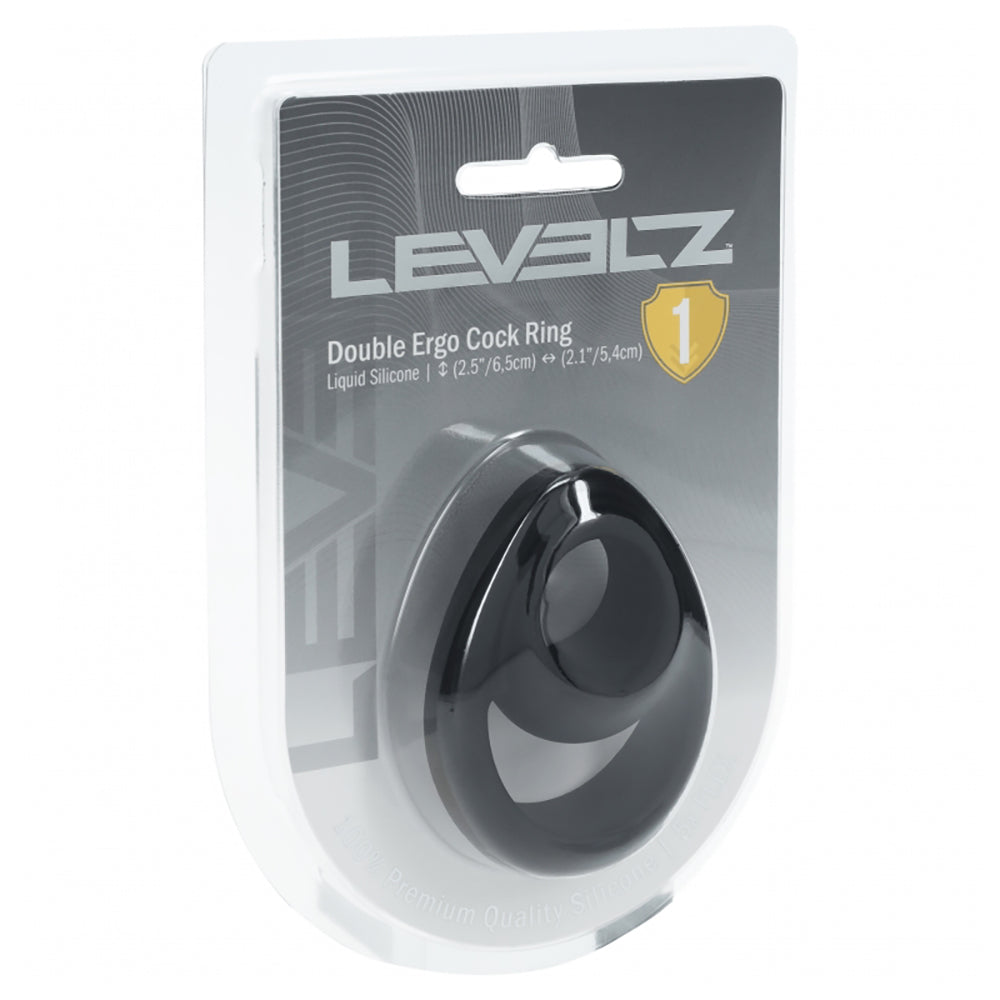 Levelz Double Ergo Silicone Cock Ring Black packaging showing design and size details on the label.