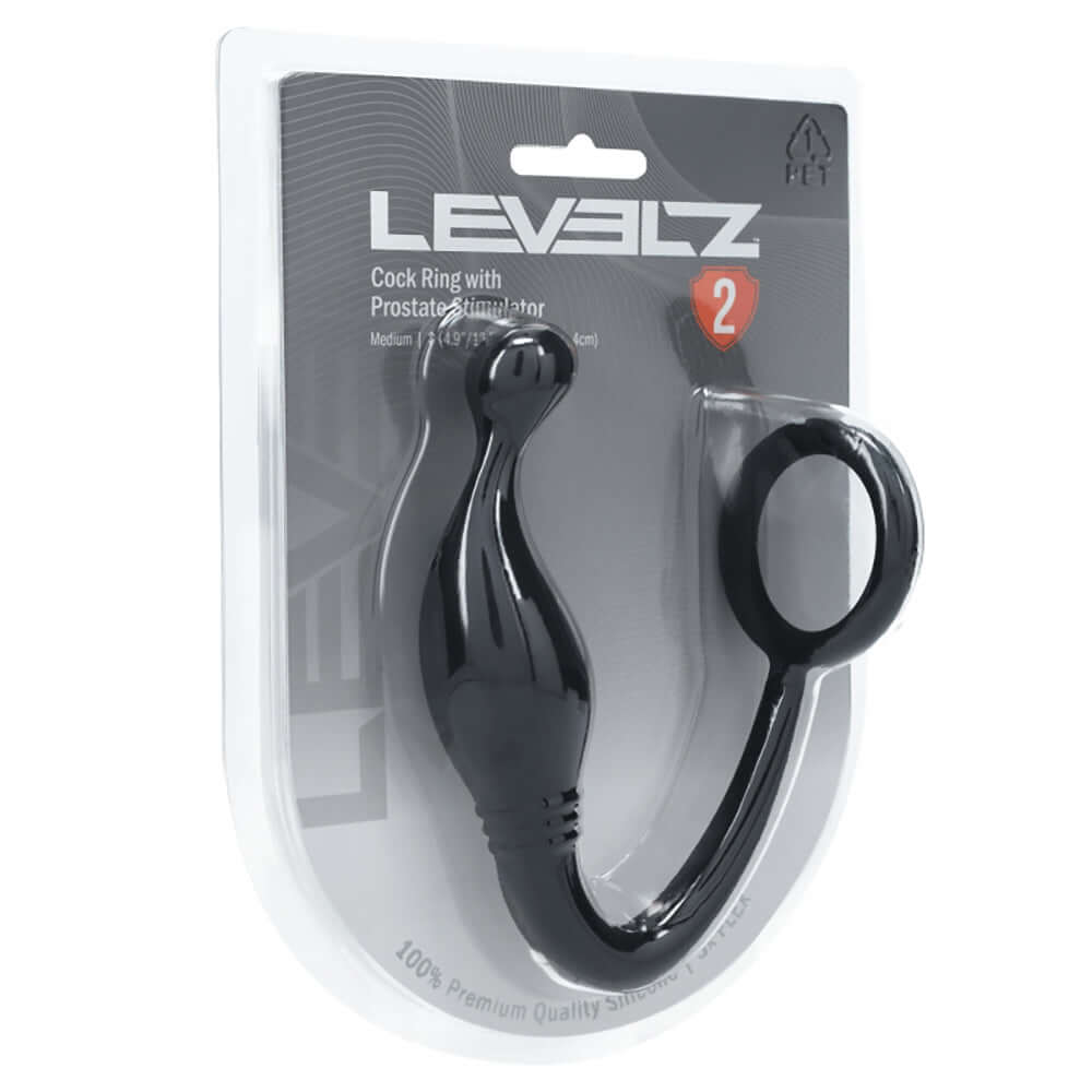 Levelz Silicone Cock Ring With Prostate Stimulator M Black packaging with hybrid design for enhanced pleasure.
