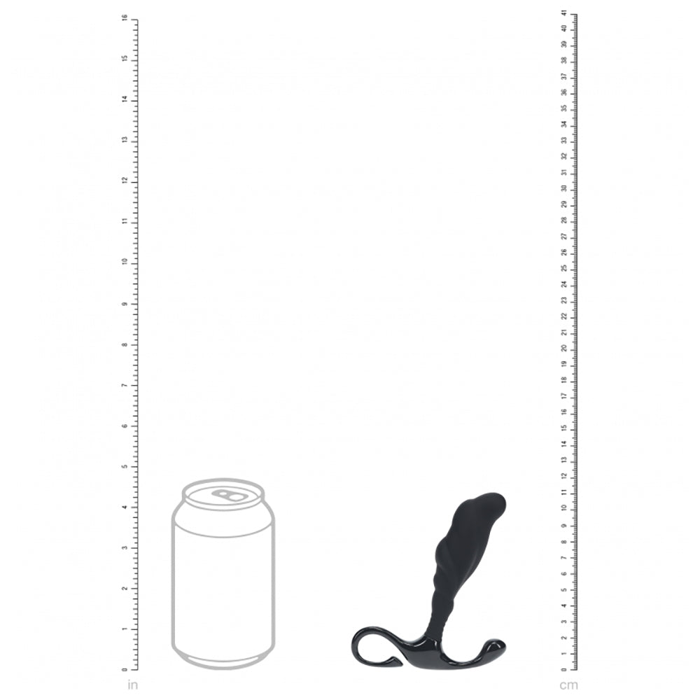 Levelz Rippled Hard Loop Silicone Prostate Massager Black next to can for size reference.