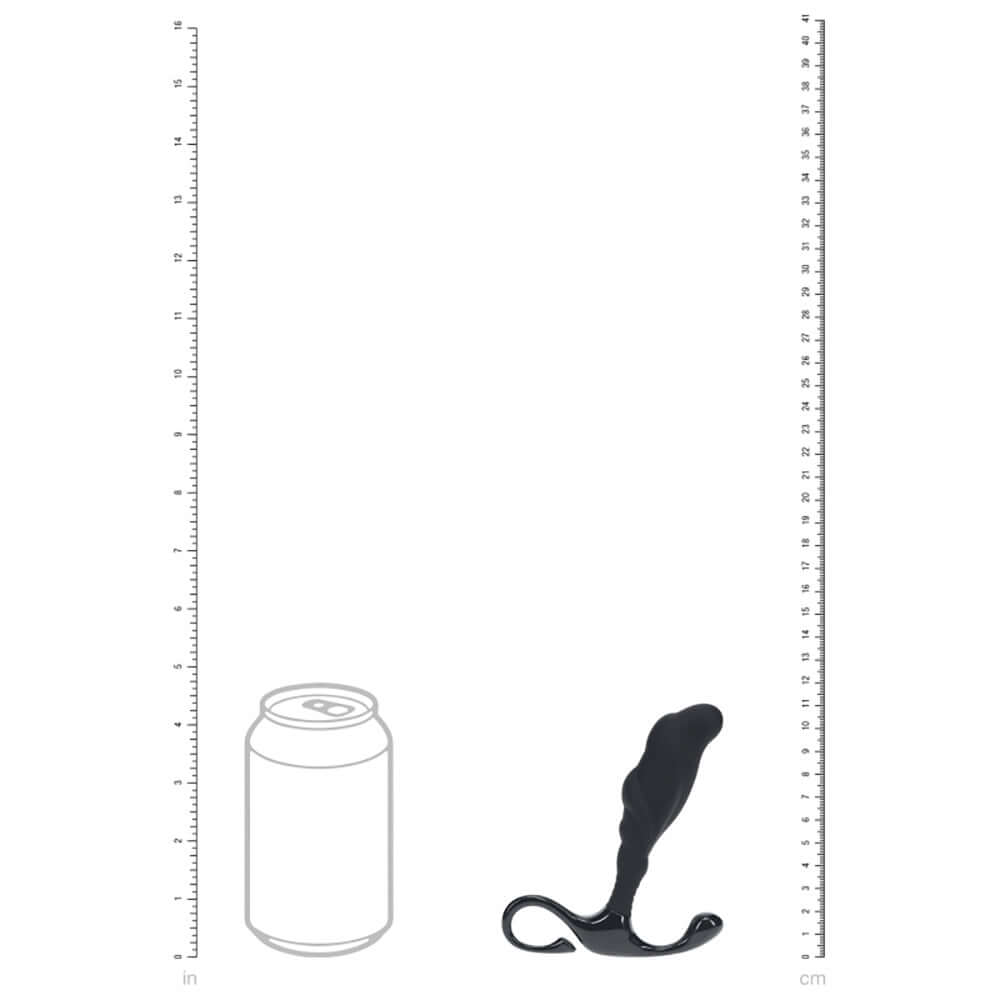 Levelz Rippled Hard Loop Silicone Prostate Massager Black next to can for size reference.