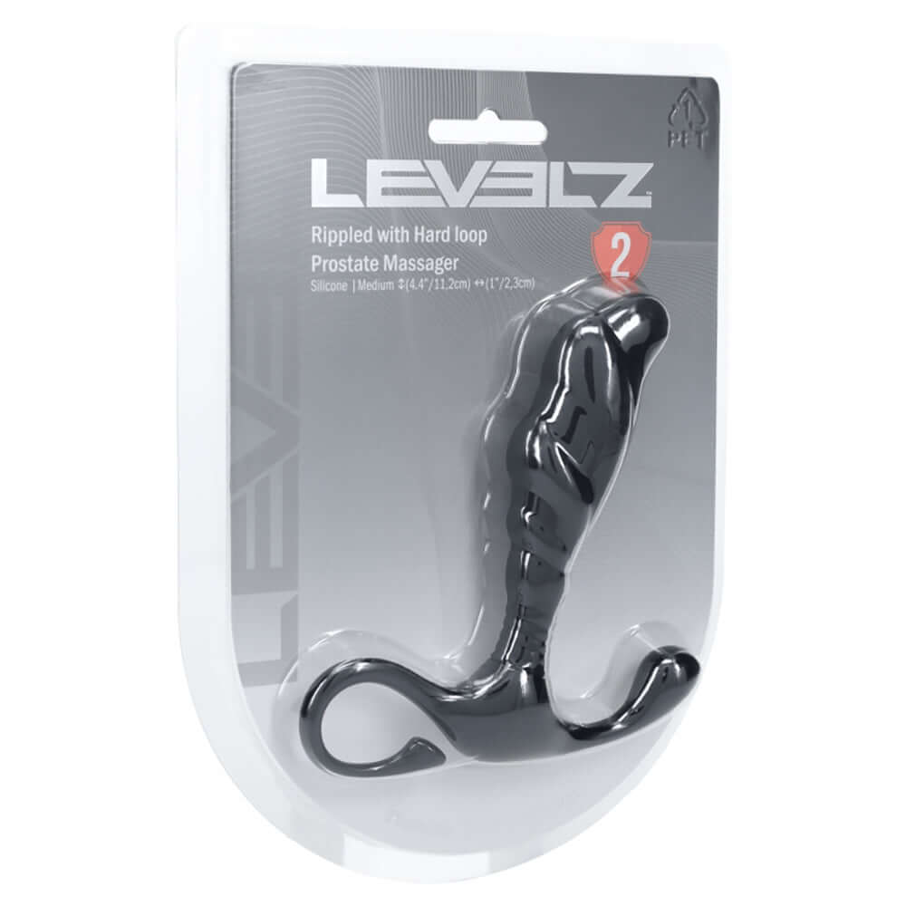 Levelz Rippled Hard Loop Silicone Prostate Massager Black packaging featuring a textured design for precise stimulation.