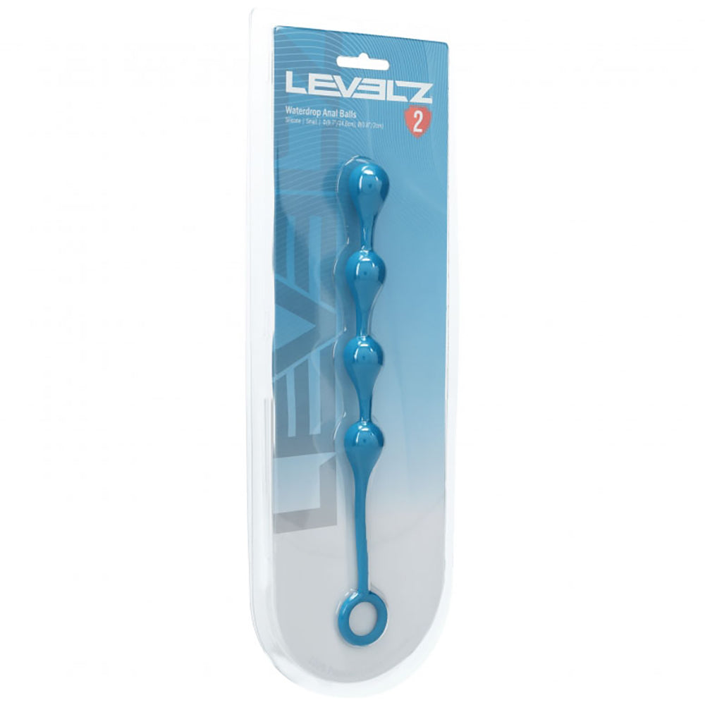 Levelz Waterdrop Silicone Anal Balls S 20mm Teal packaging displaying teal silicone anal balls and product information.
