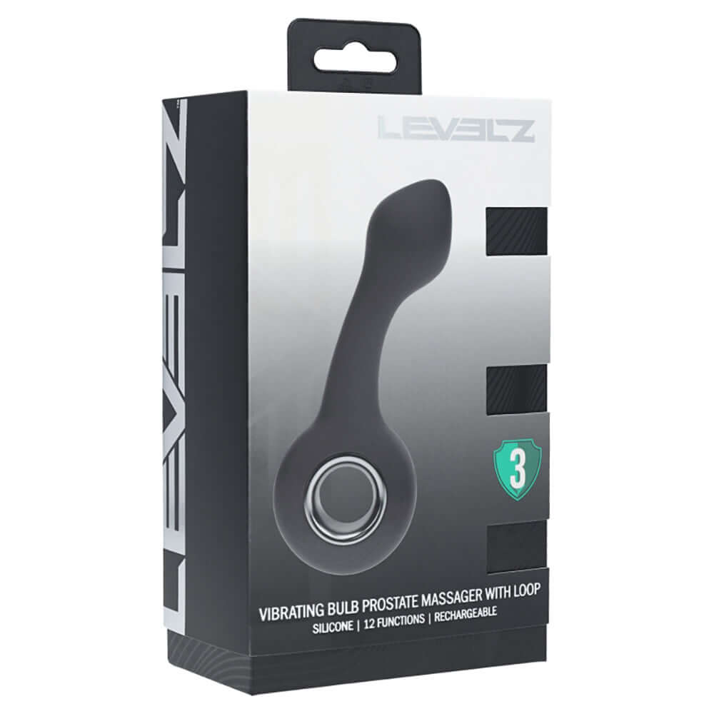 Levelz Vibrating Bulb Silicone Prostate Massager Black packaging showcasing design and features.