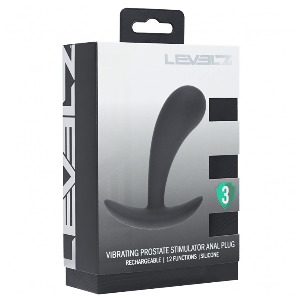 Levelz Vibrating Prostate Stimulator Anal Plug Small Black packaging showcasing silicone design and features.