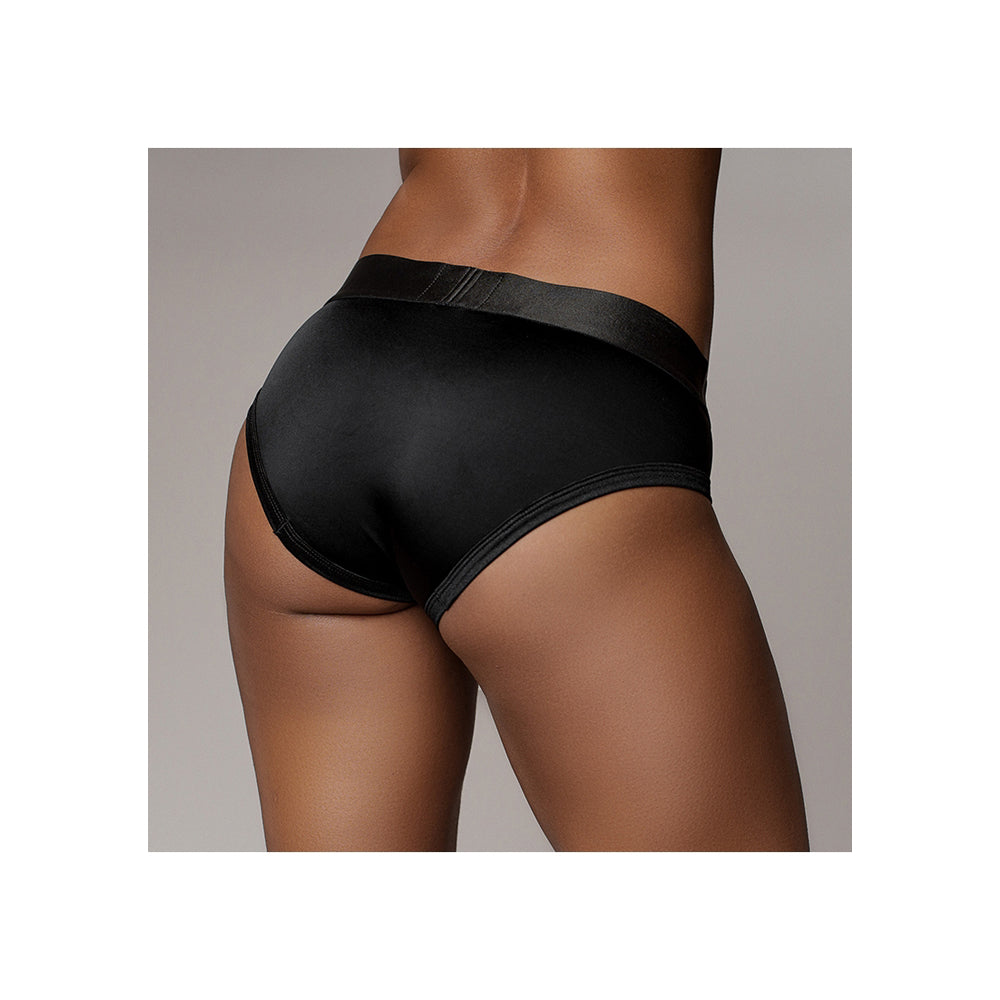 Ouch Vibrating Strap-on High-cut Brief Black M L showcased on a model's backside, highlighting its sleek design.