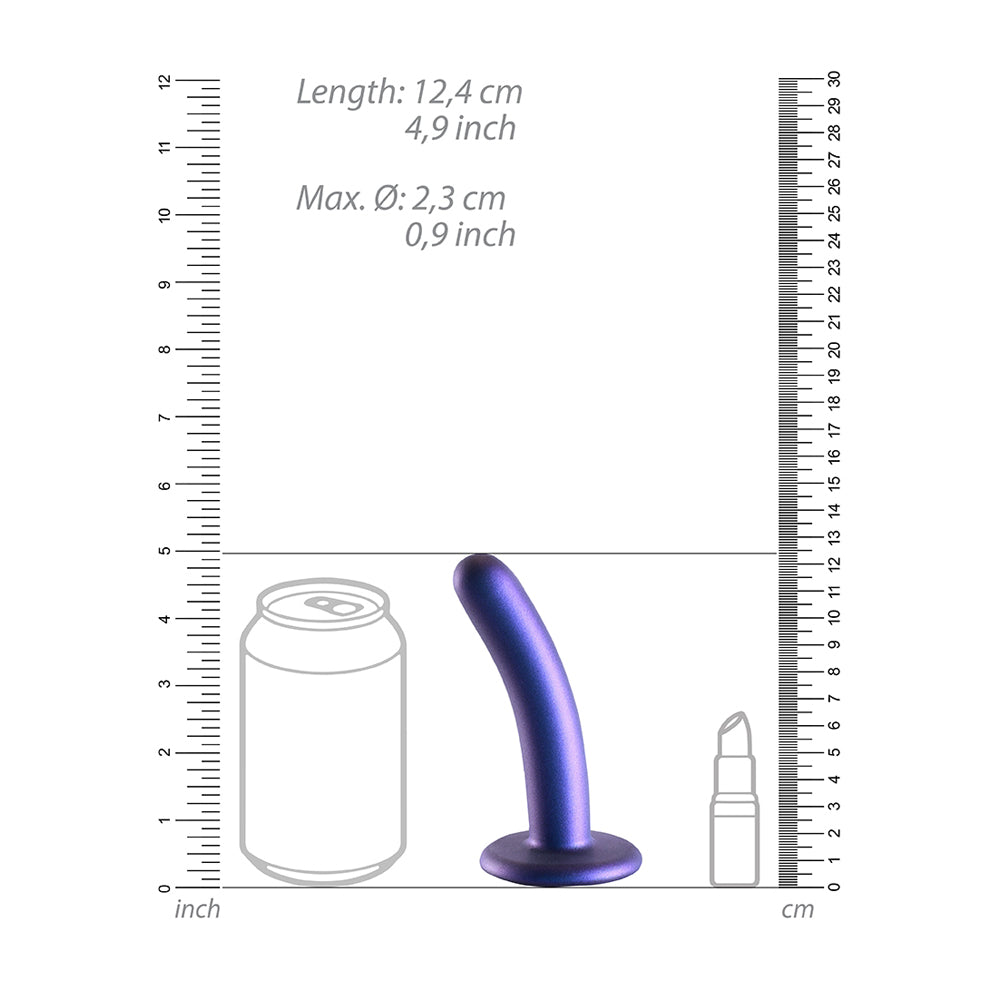 Smooth Silicone G-spot Dildo 5 inch Metallic Blue shown with size comparison to a can and a bottle.