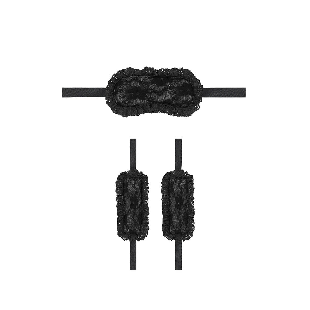Ouch Introductory Bondage Kit No 7 Black includes lace blindfold and cuffs for sensual play.