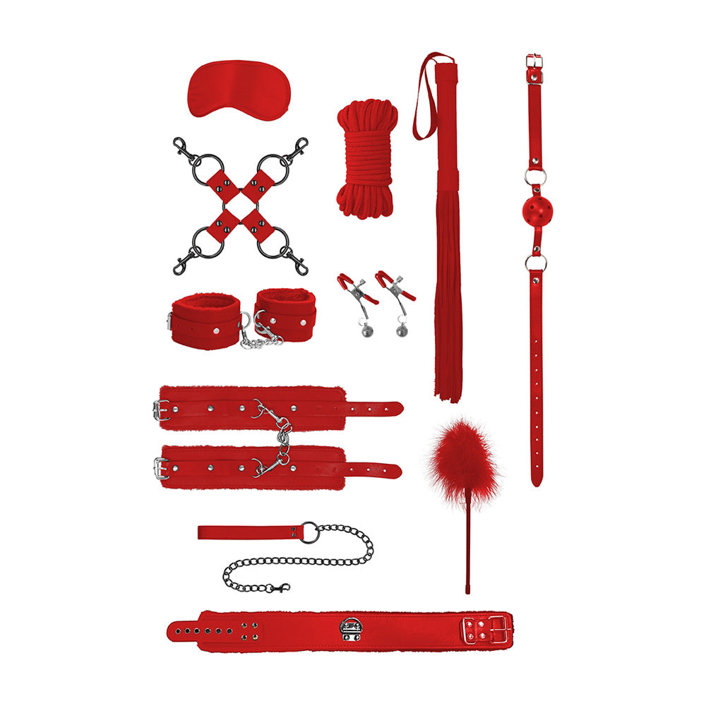 Ouch Intermediate Bondage Kit Red featuring a variety of red restraints and accessories for enhanced sensory play.