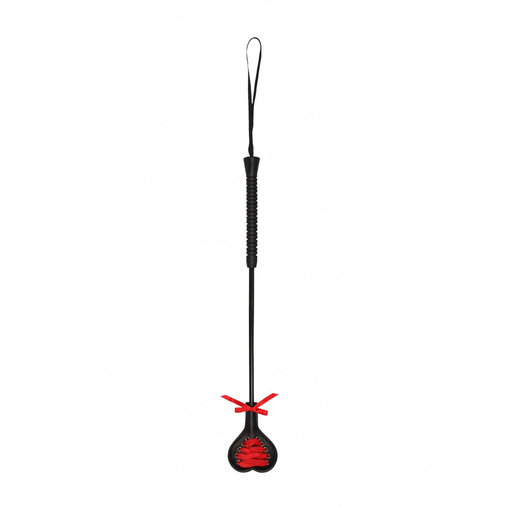Ouch Heart Crop with Red Lace Large Black, heart-shaped riding crop for playful discipline and intimate encounters.