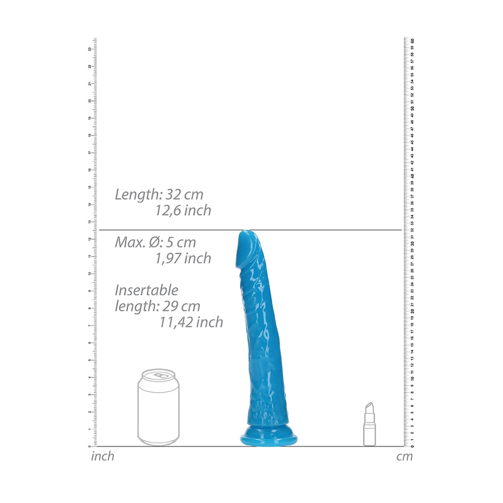 Realrock Glow In The Dark Slim Dildo 11.4 inch Neon Blue dimensions and features infographic.