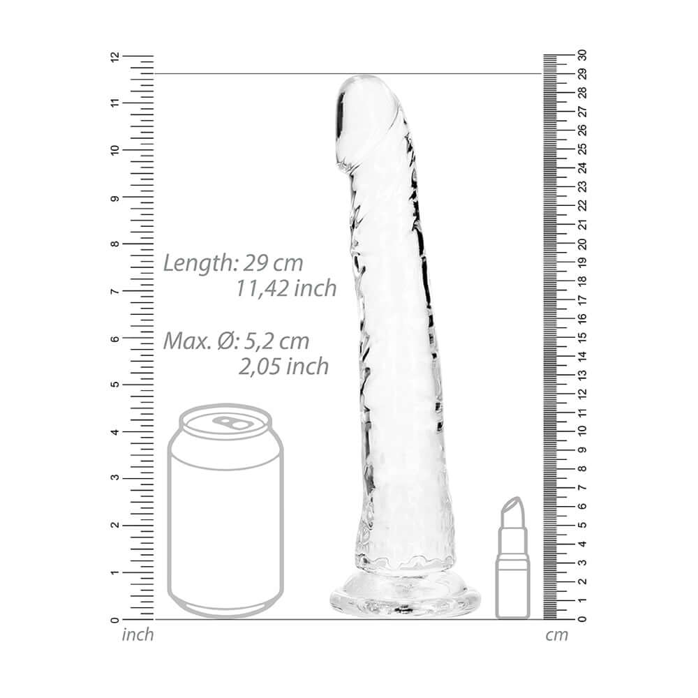 Realrock Crystal Clear Slim Dildo 10.5 inches with measurement details for length and diameter.