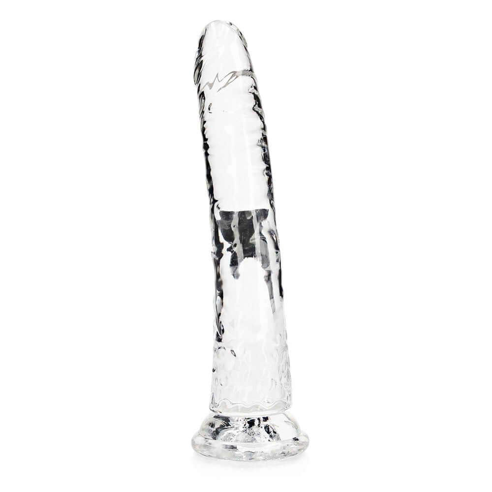 Realrock Crystal Clear Slim Dildo 10.5 inches, crystal clear design for anal and vaginal stimulation.