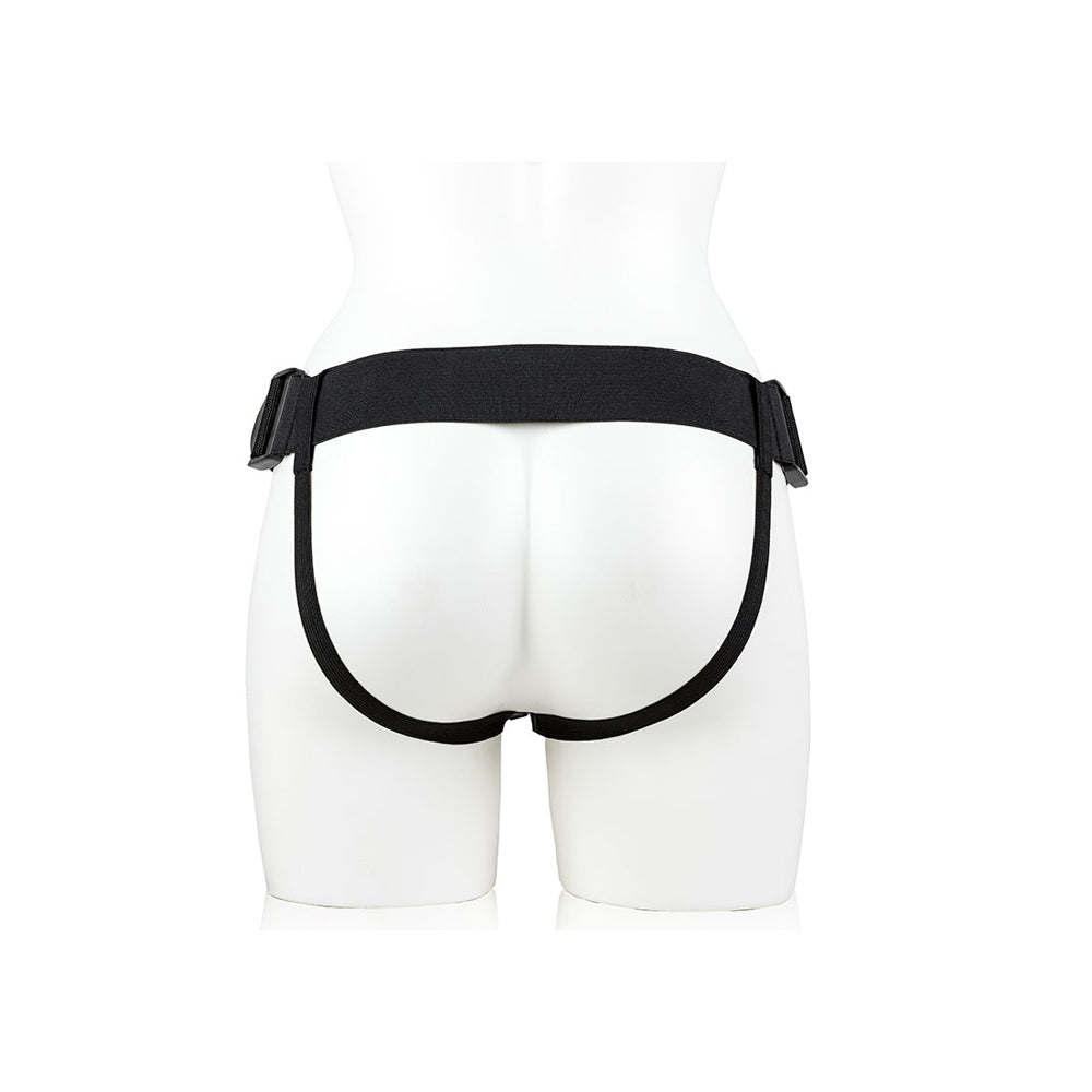 Realrock Hollow Strap-on With Balls 9 inch Black harness view from the back on a mannequin.