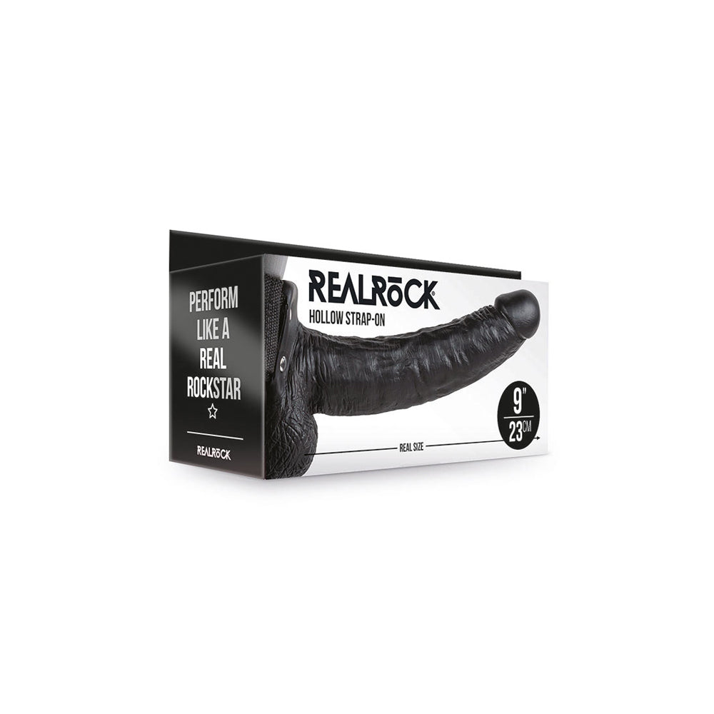 Realrock Hollow Strap-on With Balls 9 inch Black packaging with realistic design and promotional text.