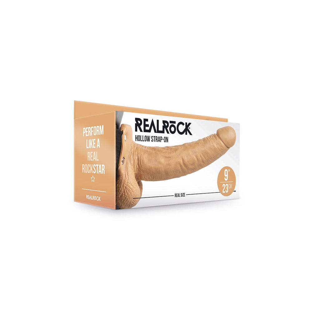 RealRock 9 Inch Hollow Strap-On with Balls Tan packaging showcasing realistic design and features.