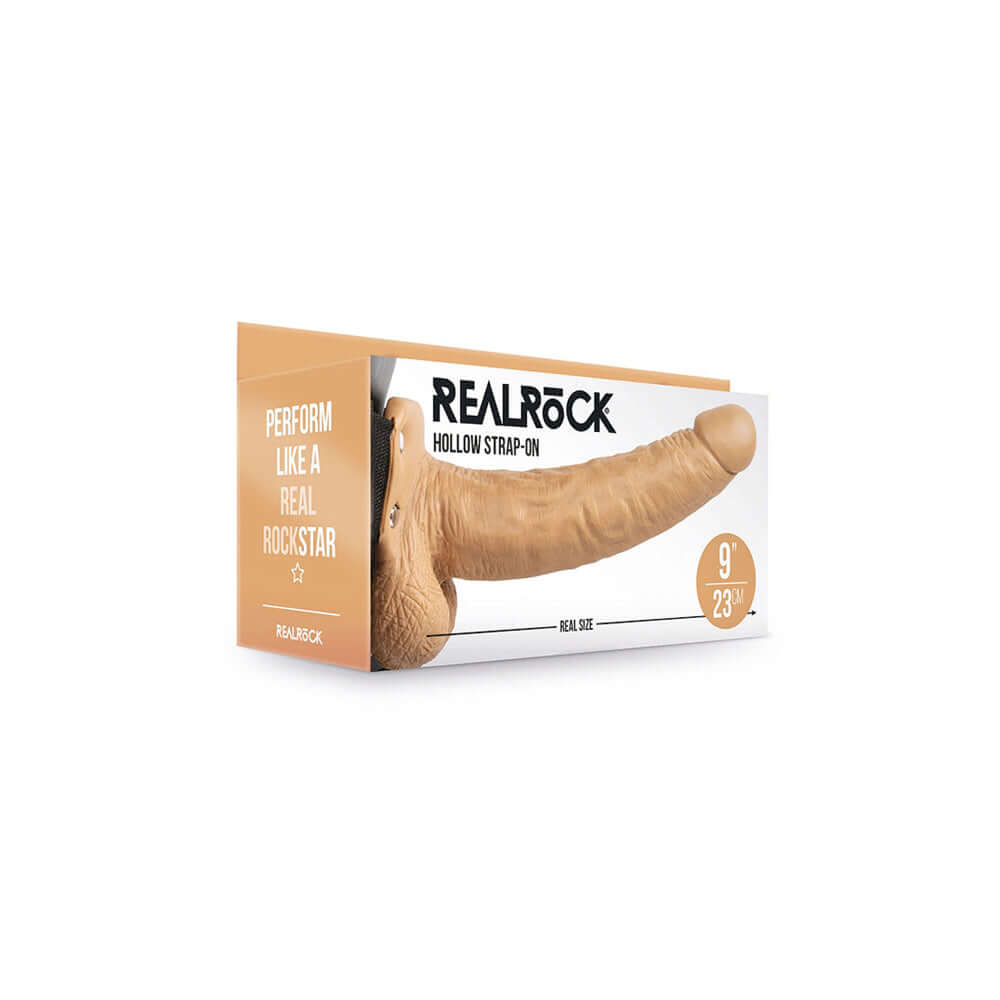 RealRock 9 Inch Hollow Strap-On with Balls Tan packaging showcasing realistic design and features.