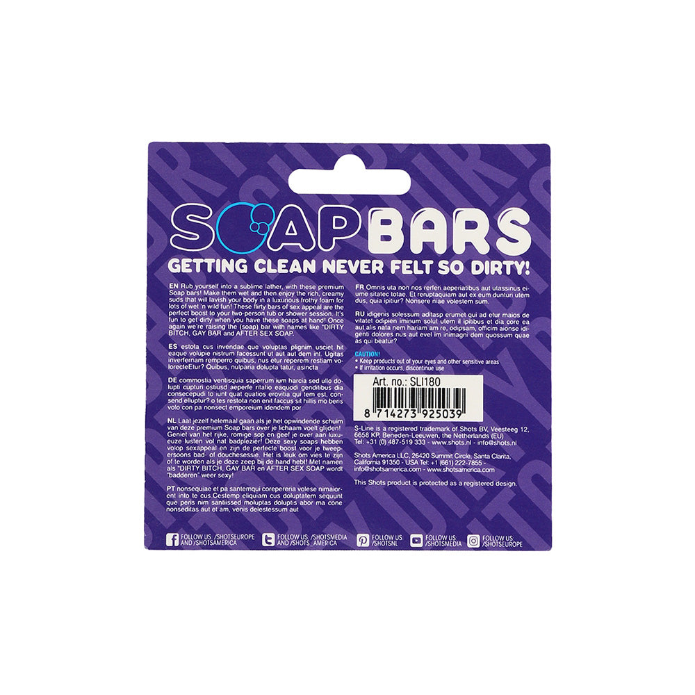 Back packaging of Shots Sexy Soap Bar Dirty Bitch Purple highlighting the playful slogan and product details.
