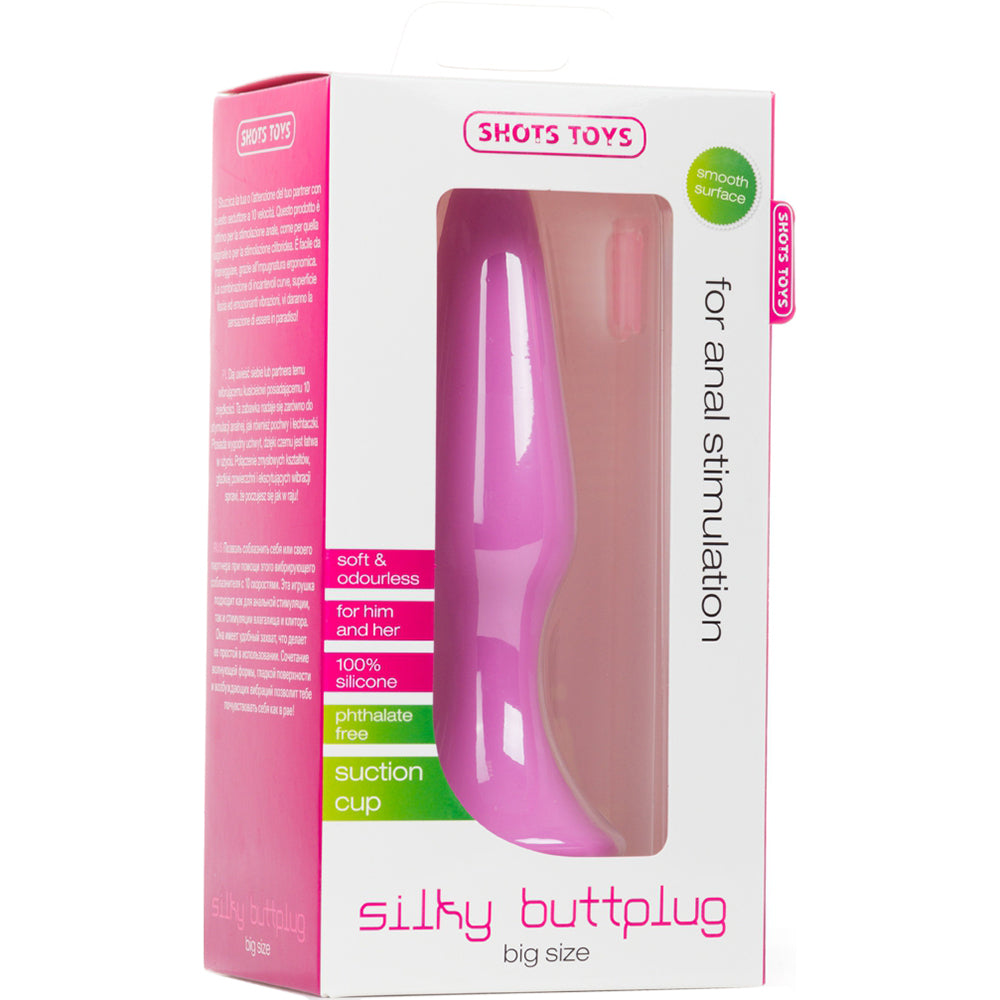 Shots Toys Silky Buttplug Big Pink packaging showcasing its soft silicone and suction cup base for anal stimulation.