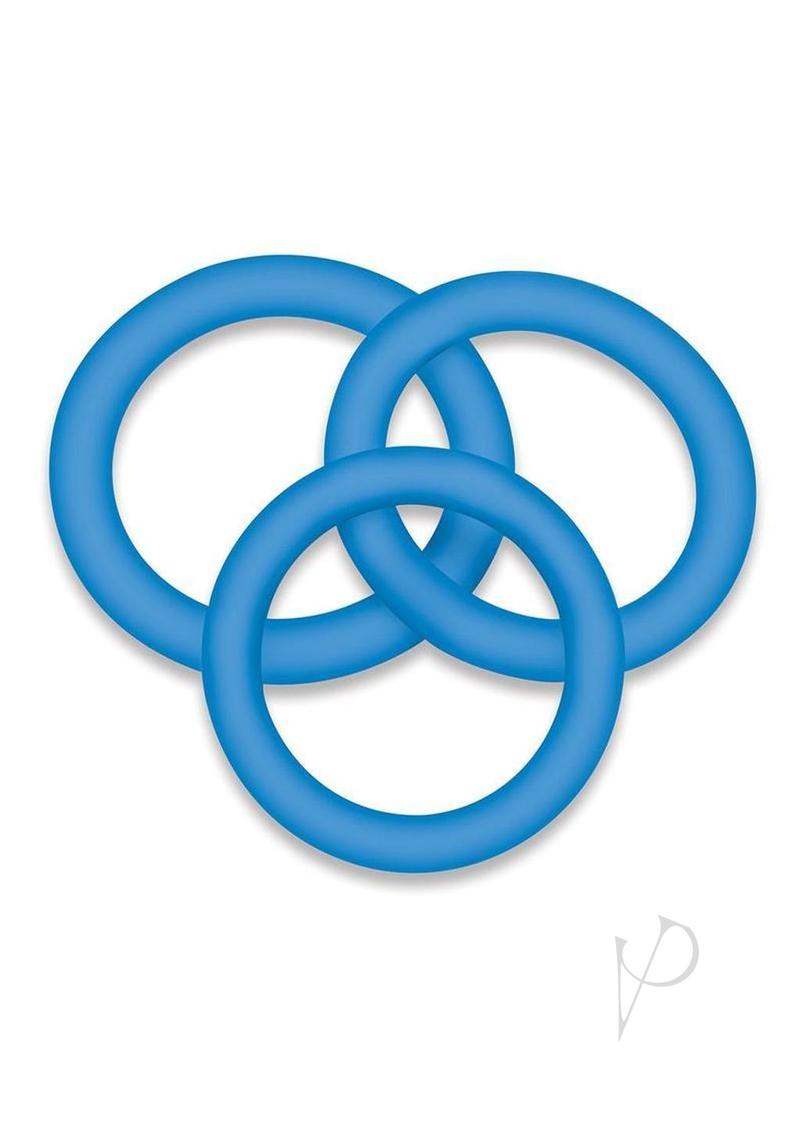 Bodywand 4Play Flex Trio Silicone Cockring Set Blue featuring three soft, stretchy blue silicone rings.
