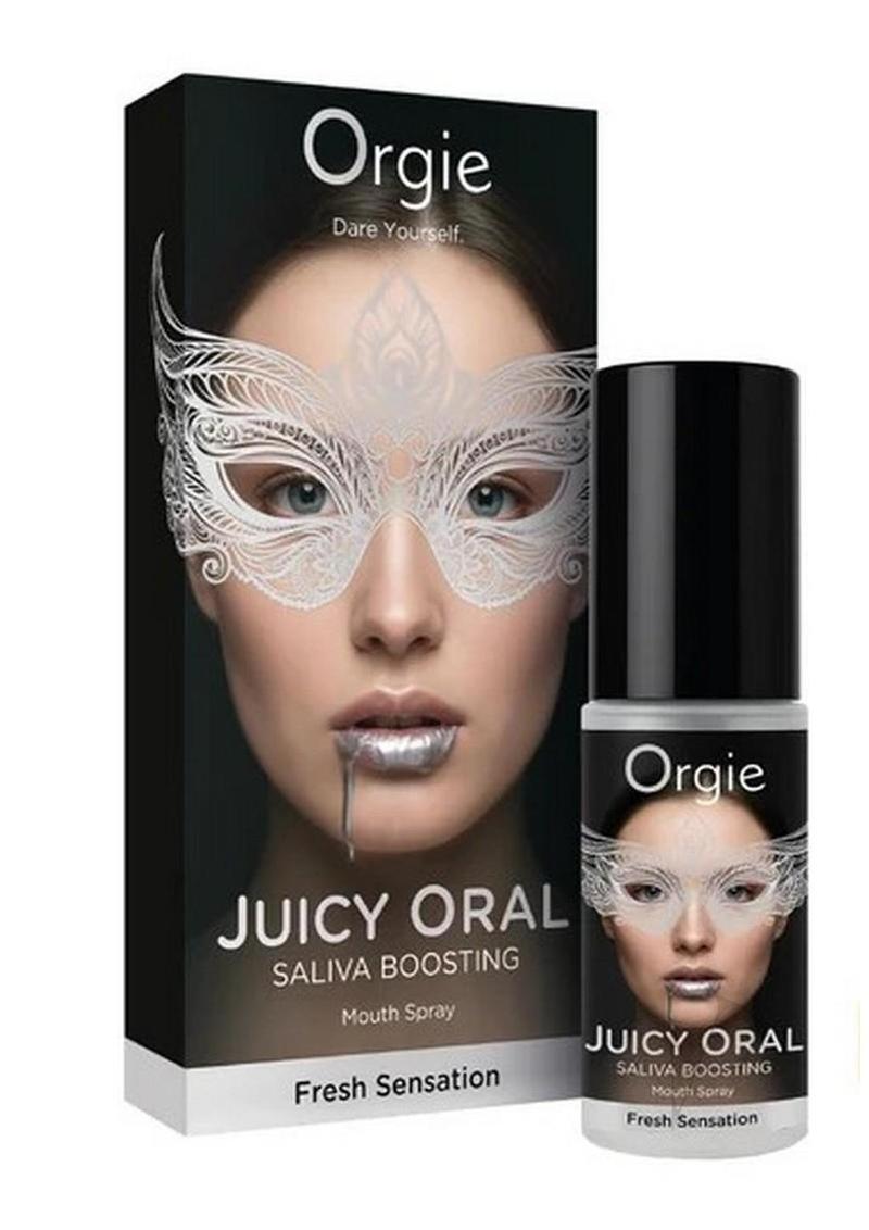 Orgie Juicy Oral Refreshing Mouth Spray 0.5 Oz Mint packaging and bottle, designed for intimate freshening.
