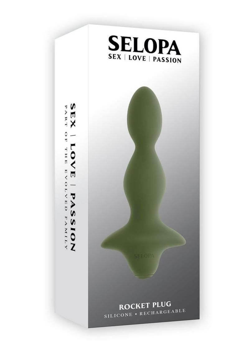Selopa Rocket Plug Silicone Rechargeable Green vibrator in packaging for stimulating anal play.