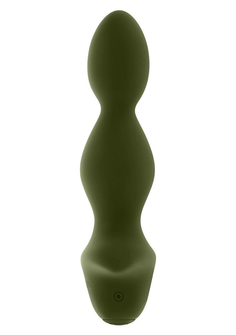 Selopa Rocket Plug Silicone Rechargeable Green, flexible vibrating plug for anal play, tapered tip and girthy center.