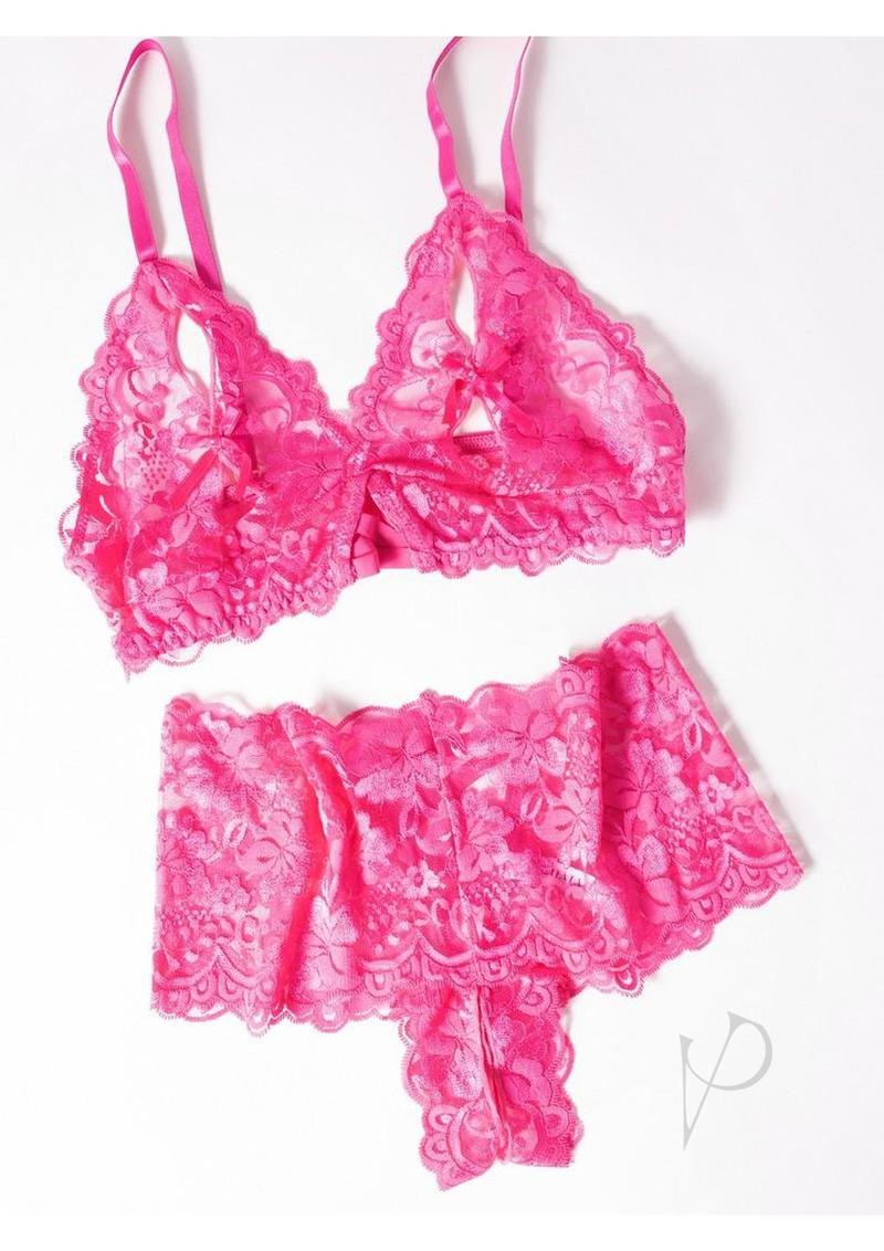 Oh La La Cheri Goodnight Kiss 2 Piece Lingerie Set Pink featuring delicate lace bralette and matching panty in vibrant pink.