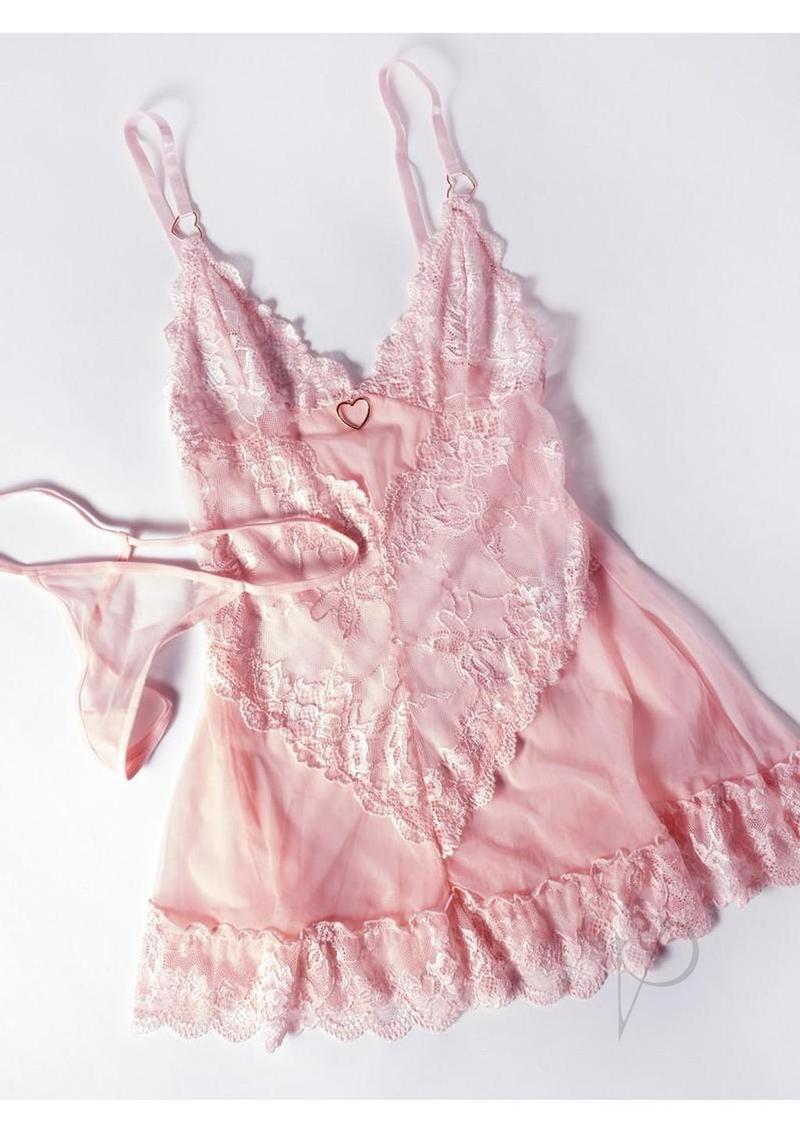 Oh La La Cheri Forever Valentine Babydoll XLarge Pink lingerie set featuring a lace babydoll and thong.