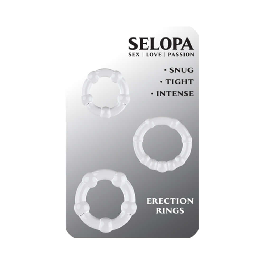 Selopa Erection Rings Cock Ring Set Clear featuring three stretchy rings for snug, tight, and intense support.