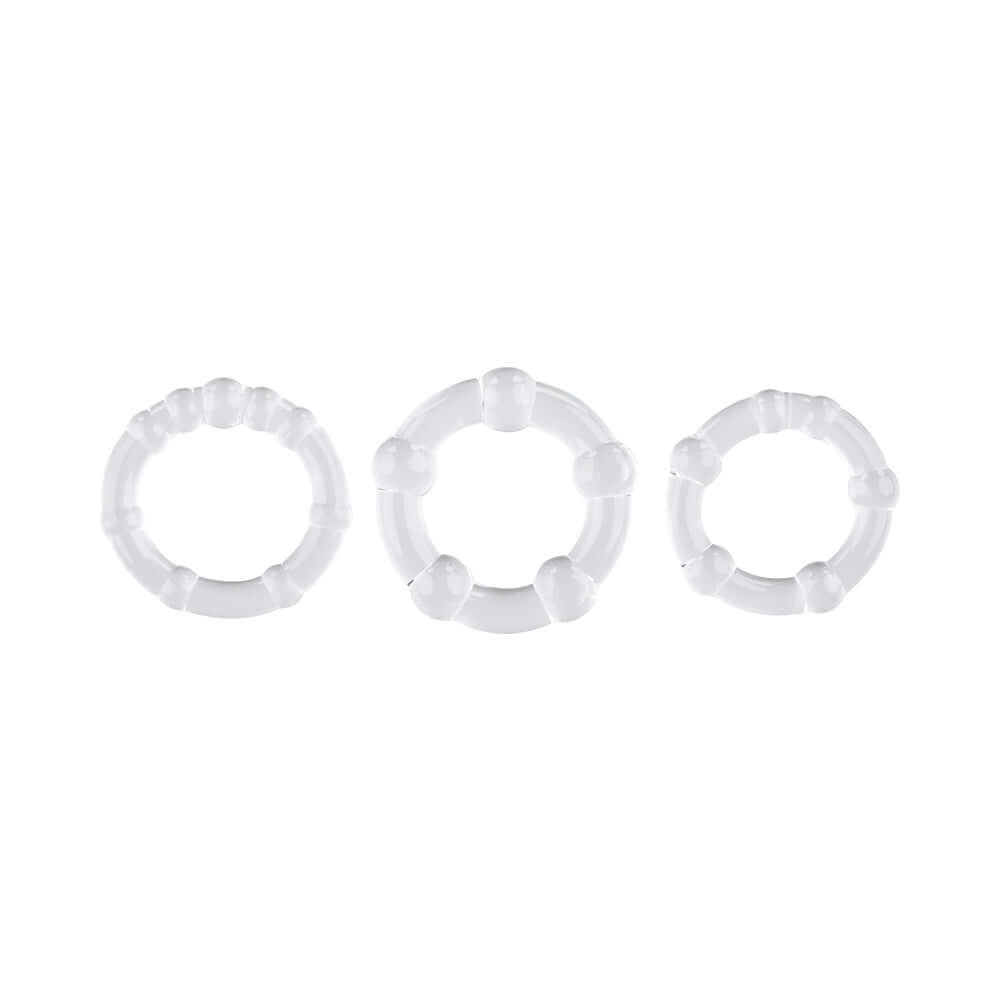 Selopa Erection Rings Cock Ring Set Clear featuring three flexible and stretchy rings for varying support levels.