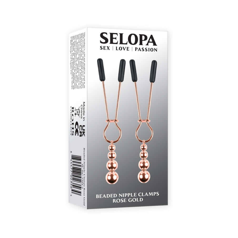 Selopa Beaded Nipple Clamps Stainless Steel Rose Gold package with elegant design and decorative beads.
