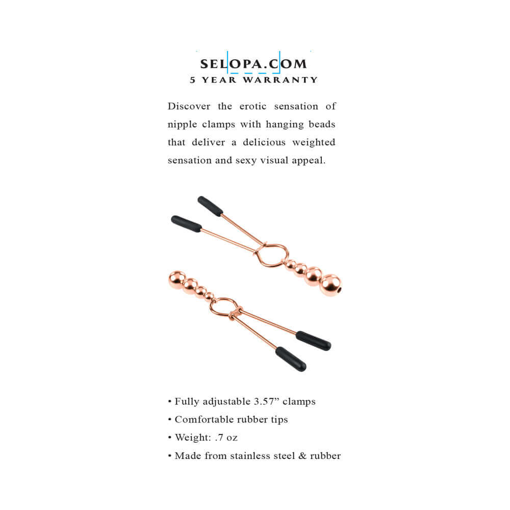 Selopa Beaded Nipple Clamps Stainless Steel Rose Gold with adjustable pressure and decorative beads for enhanced sensitivity.