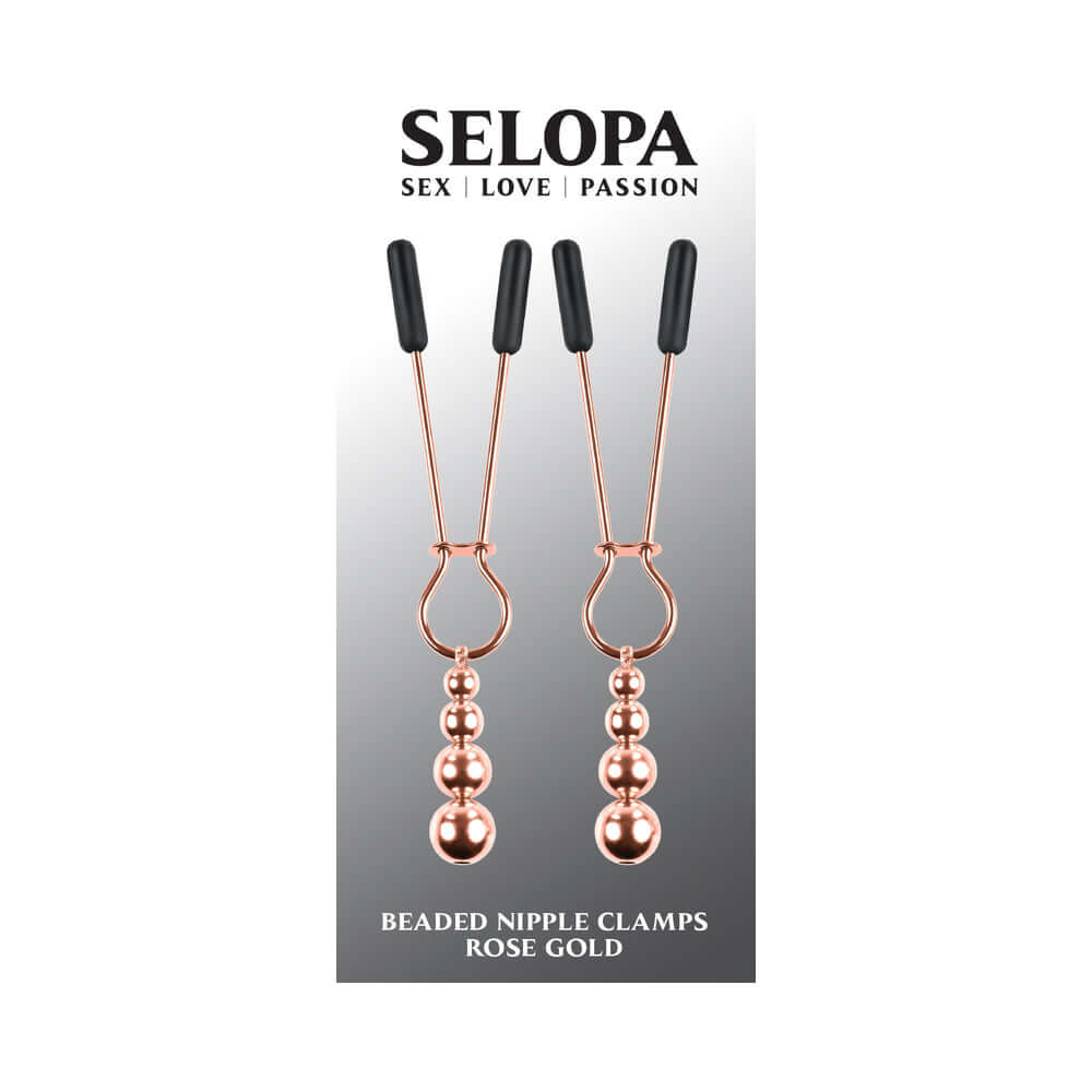 Selopa Beaded Nipple Clamps Stainless Steel Rose Gold with dangling beads for adjustable pressure and stylish stimulation.