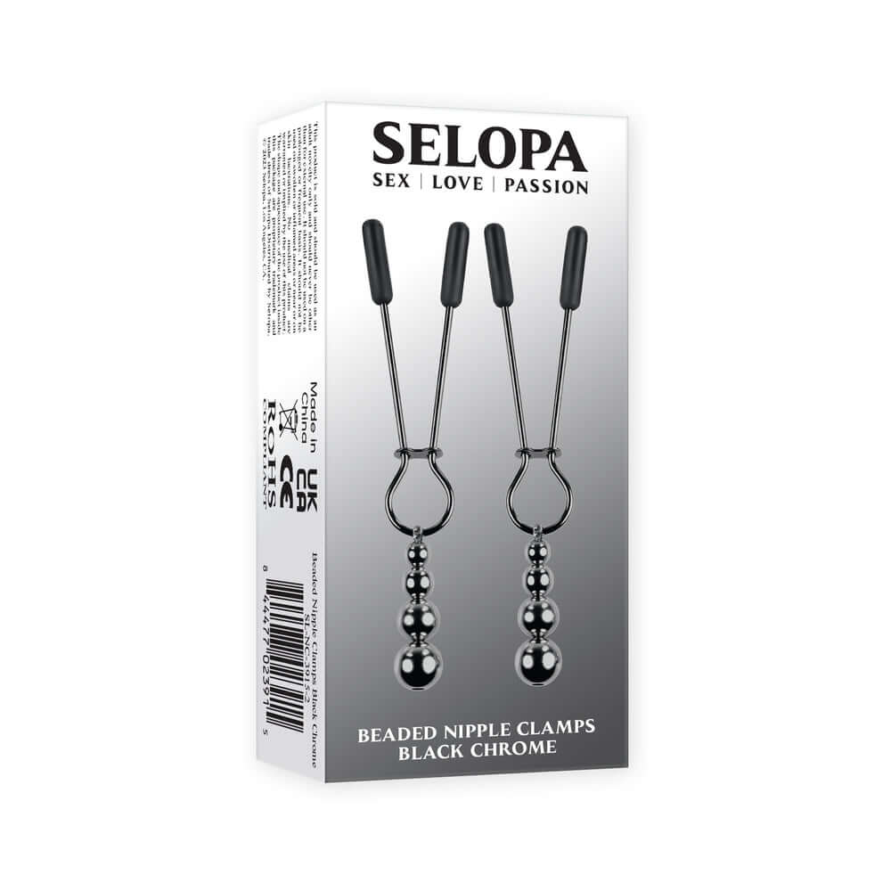 Selopa Beaded Nipple Clamps Stainless Steel Black Chrome packaging with enticing design and black chrome finish.