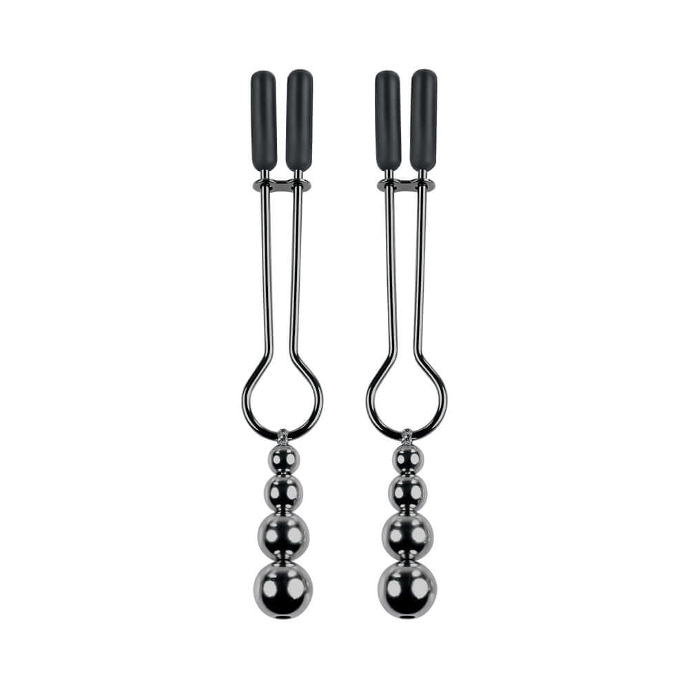 Selopa Beaded Nipple Clamps Stainless Steel Black Chrome with hanging beads for erotic stimulation.
