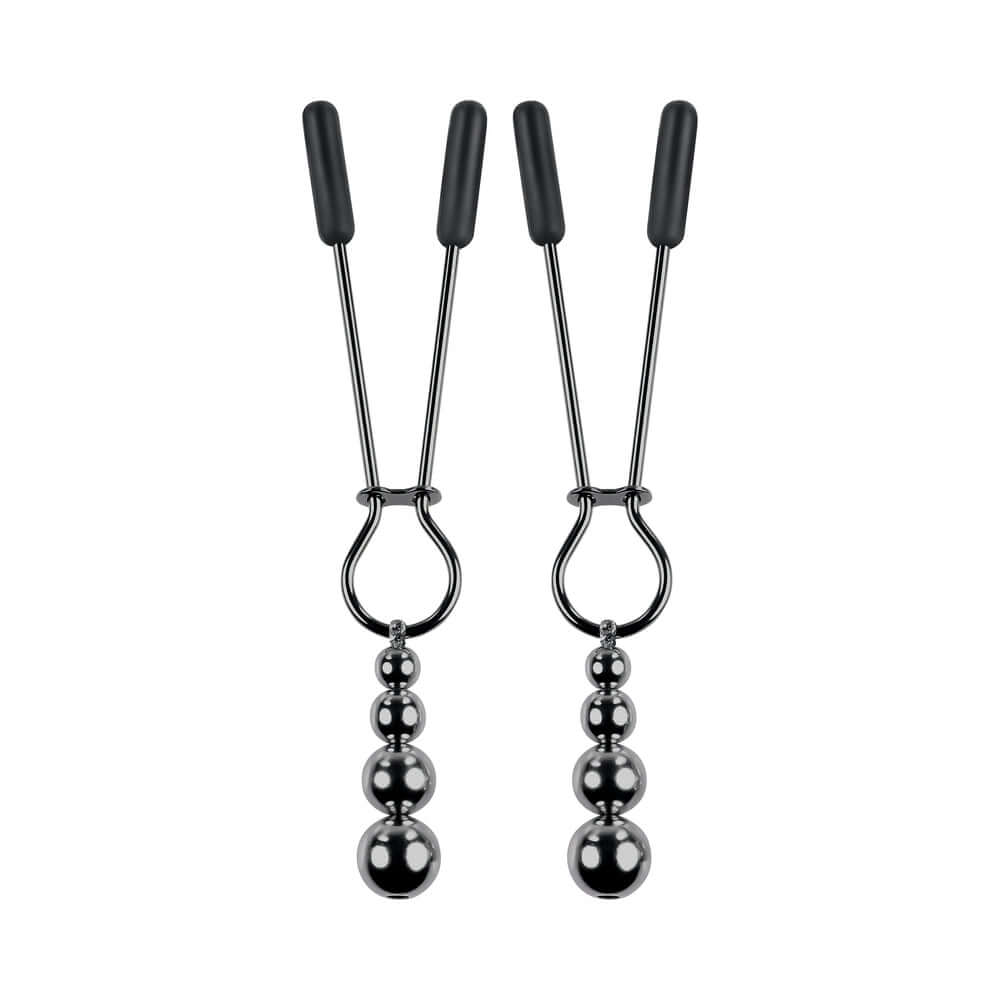 Selopa Beaded Nipple Clamps Stainless Steel Black Chrome with hanging beads for intimate play.